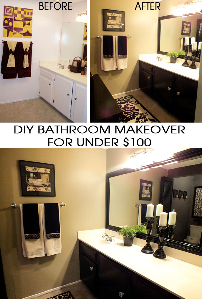 DIY Bathroom Makeover for Under $100 - find out how I transformed my out of date bathroom for under $100 and in only one weekend. And for more great Home Project Crafts follow us on Pinterest.