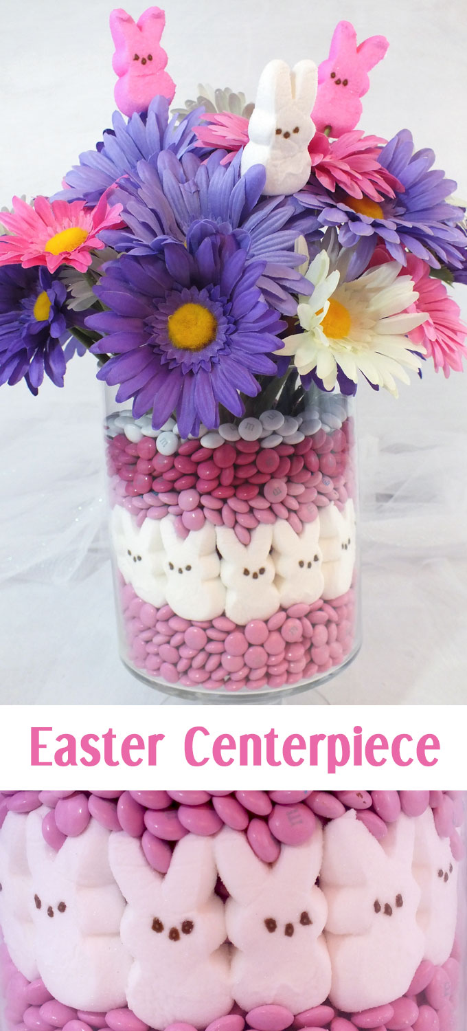 This adorable Easter Centerpiece will be everyone's favorite Easter decoration - so fun and so easy to make. All you need are M&M's, Peeps and some flowers to make this cute Easter Craft. Follow us for more fun Easter ideas.