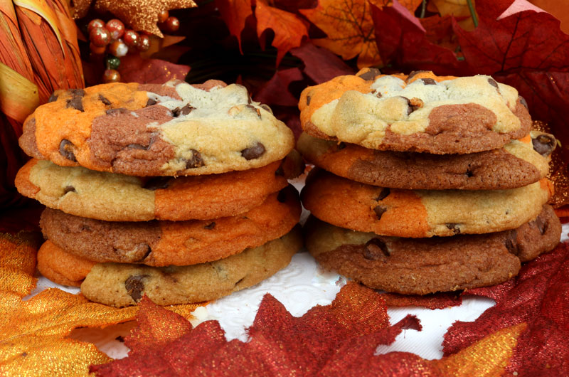 Harvest Marble Chocolate Chip Cookies - a classic cookie all dressed up for Fall and Thanksgiving.  This unique and tasty Thanksgiving cookie would be great Thanksgiving dessert idea for a potluck dinner, a fall bake sale or a Christmas Cookie exchange. Pin this delicious marble cookie recipe for later and follow us for more great Thanksgiving Food ideas. 
