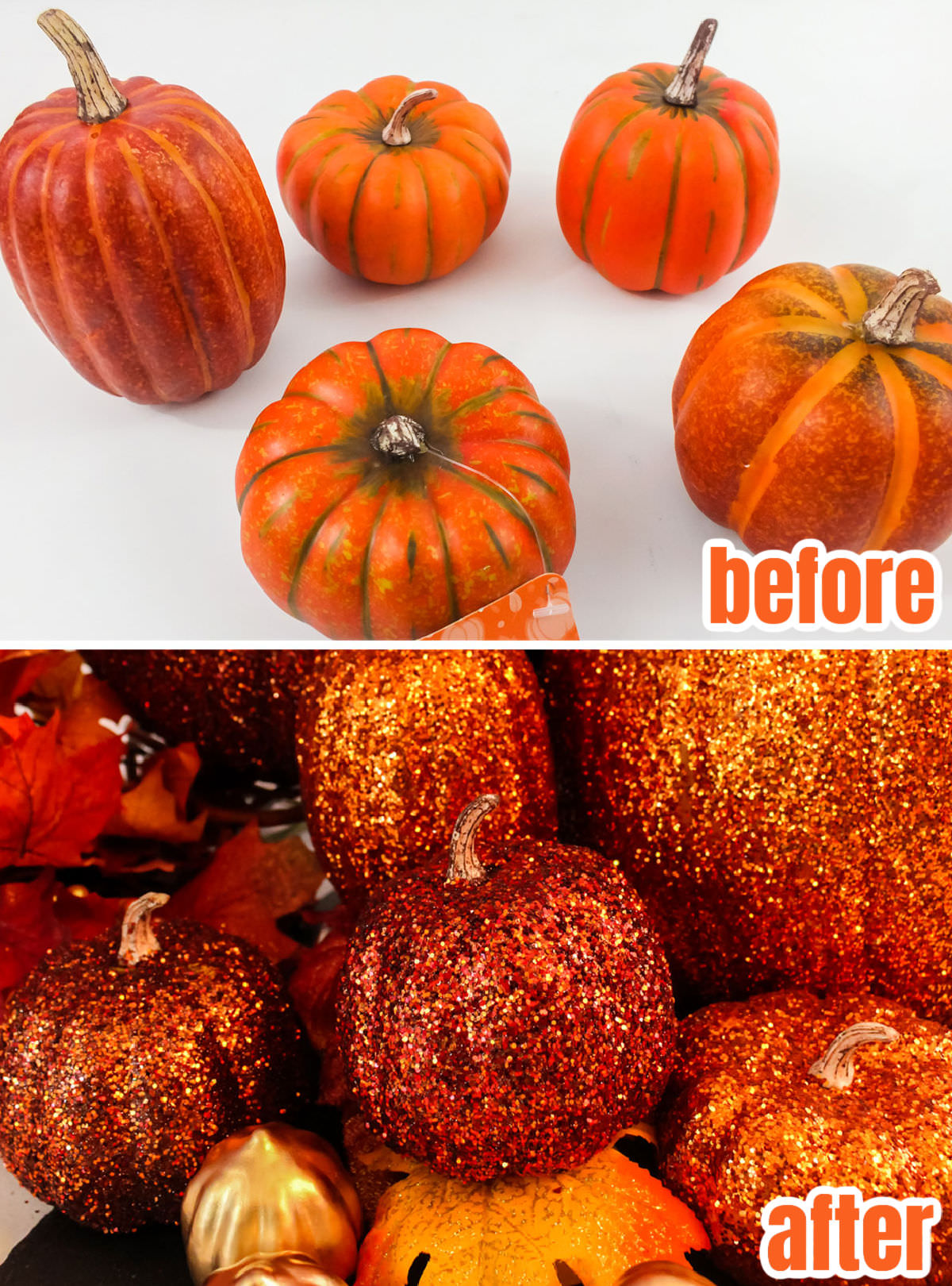 Collage image showing the faux pumpkins before the glitter was added and after the glitter has been added.