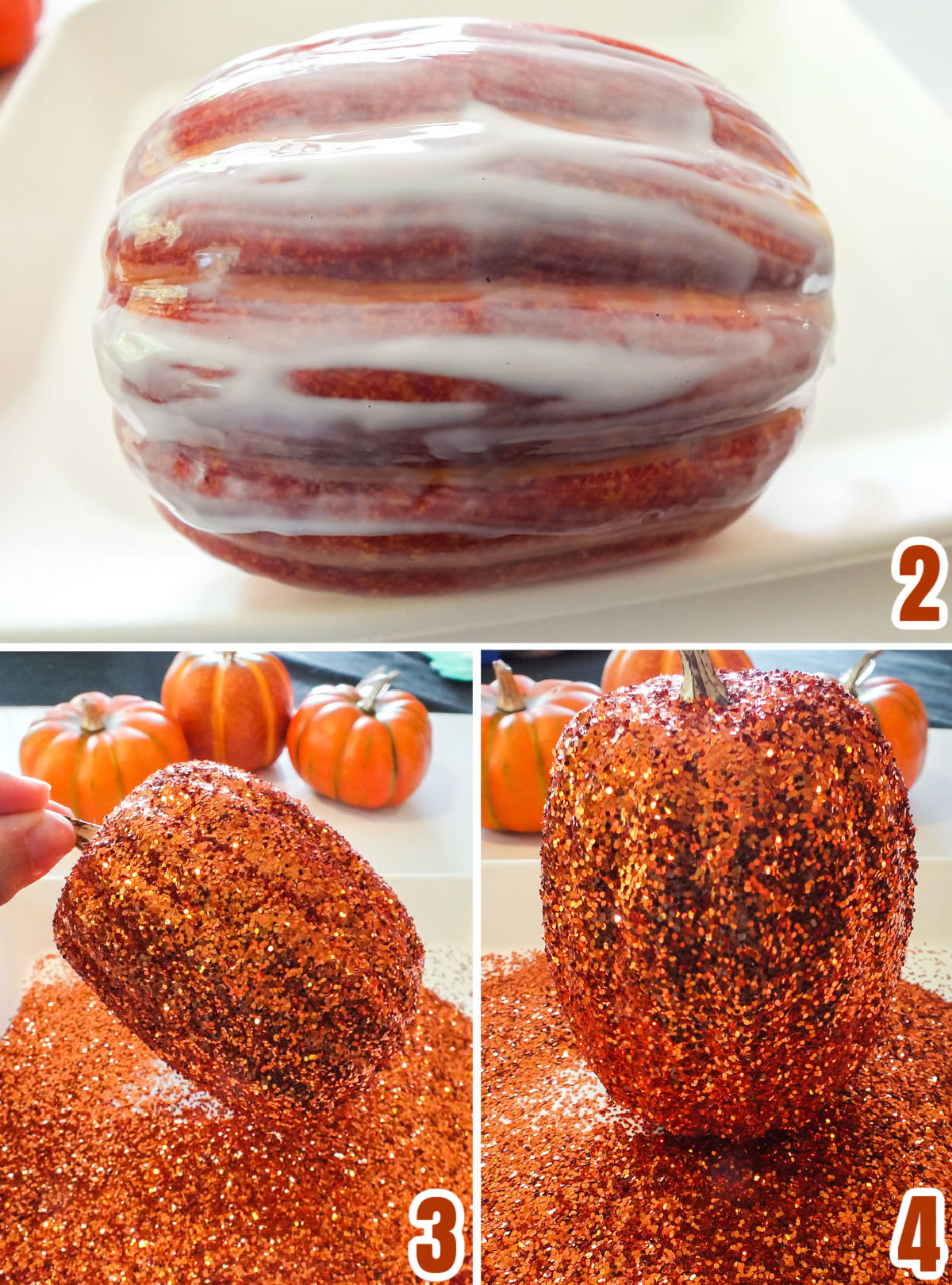 Collage image showing the steps for adding the Glitter to the Faux Pumpkins.