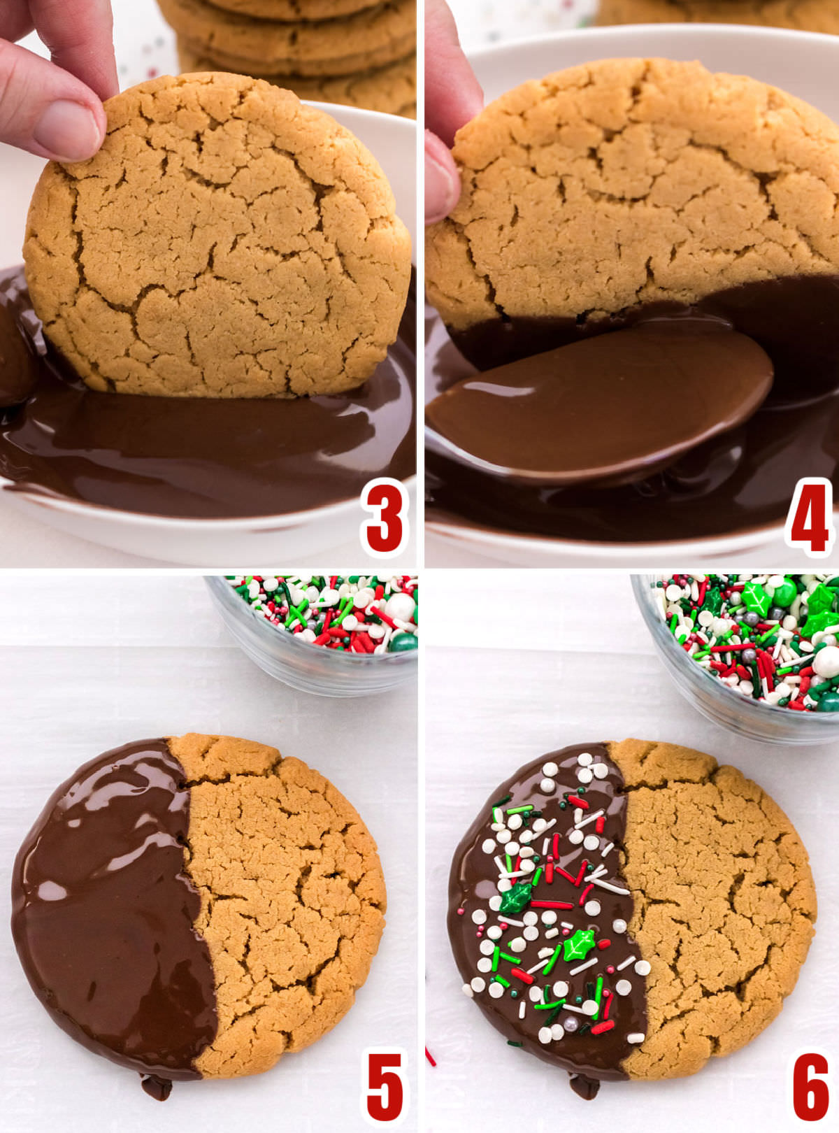 Collage image showing how to dip the Peanut Butter Cookie into melted chocolate and cover with sprinkles.