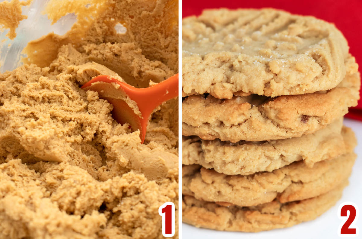 Collage image showing a bowl full of peanut butter cookie dough and a stack of five baked Peanut Butter Cookies.