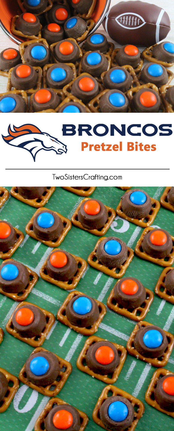 Our easy to make Denver Broncos Pretzel Bites are yummy bites of sweet and salty Football Game Day goodness. They are perfect as a little extra treat at a NFL playoff party, a Super Bowl party or as a special dessert for the Denver Broncos fan in your life. Follow us for more fun Super Bowl Food Ideas.