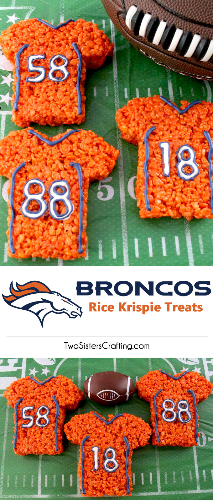 These Denver Broncos Rice Krispie Treats Team Jerseys are a fun football dessert for a game day football party, an NFL playoff party, a Super Bowl party or as a special snack for the Denver Broncos fans in your life. Go Broncos! And follow us for more fun Super Bowl Food Ideas.