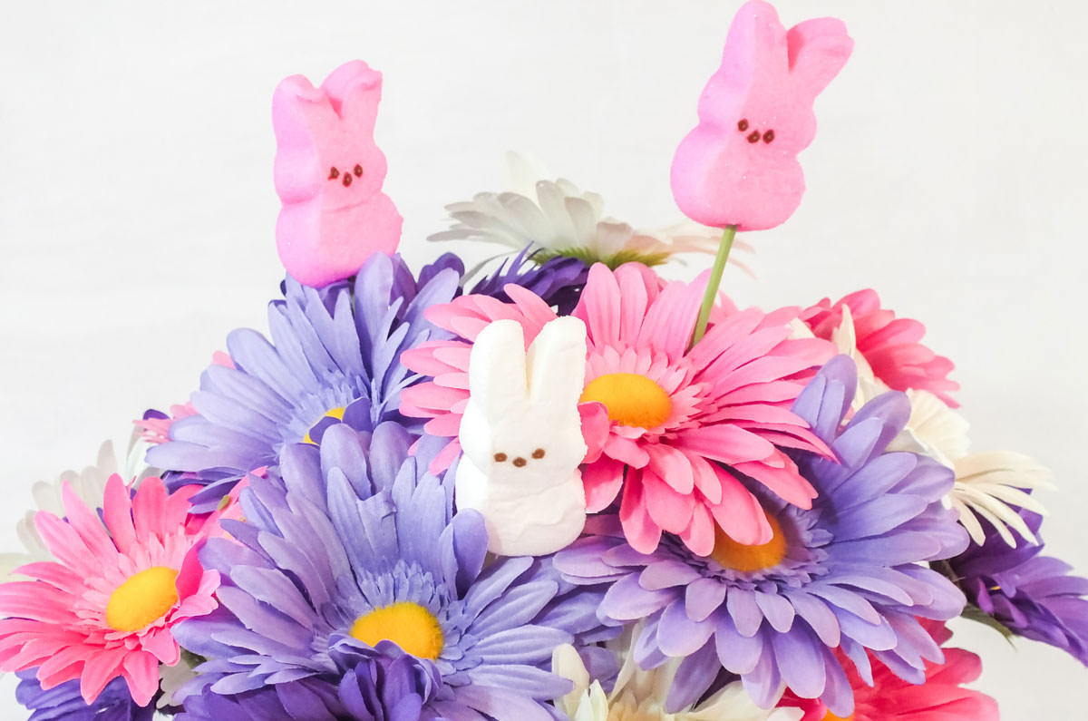 Closeup of the flowers in the Easter Peeps Candy Centerpiece including the Peeps Bunny decorations.