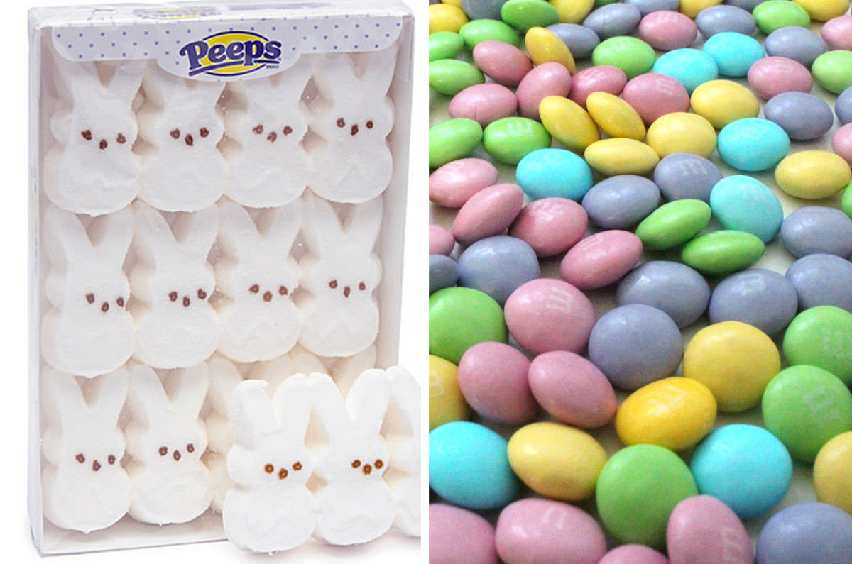 The candy you will need to create the Easter Peeps Candy Centerpiece including Peeps Bunnies and Easter Mix M&M's.