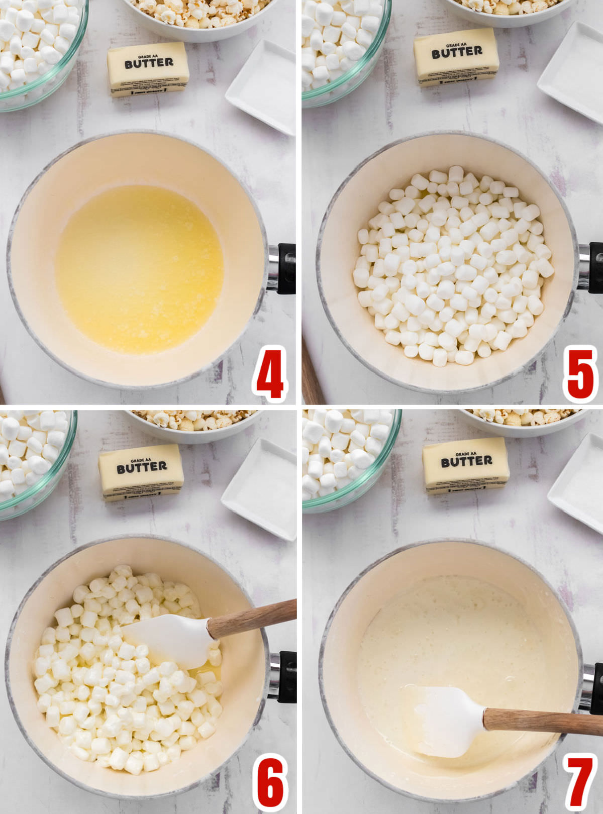 Collage image showing how to make the marshmallow and butter mixture to use to cover the popcorn.