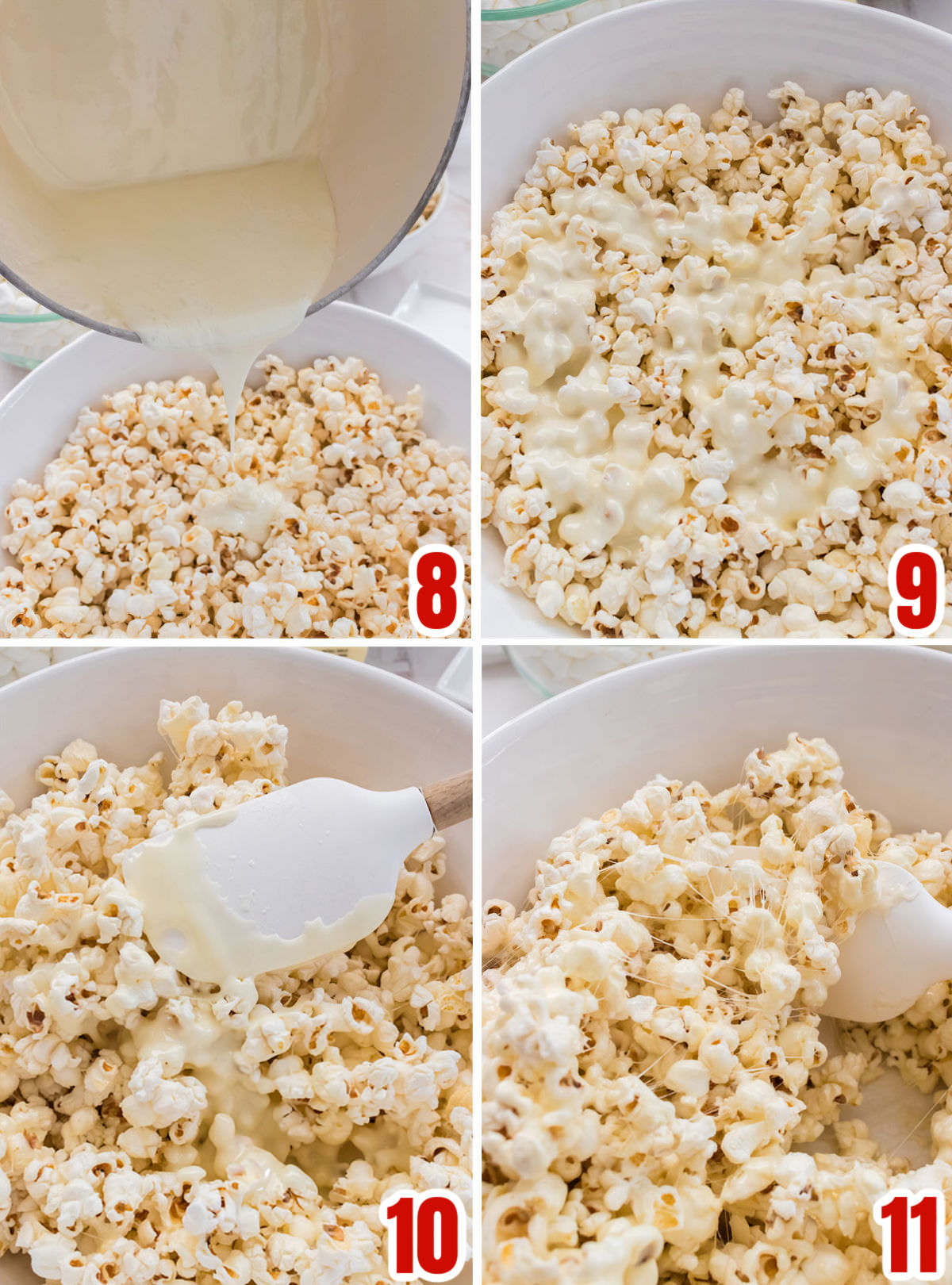 Collage image showing how to cover the Valentines popcorn with marshmallow mixture.