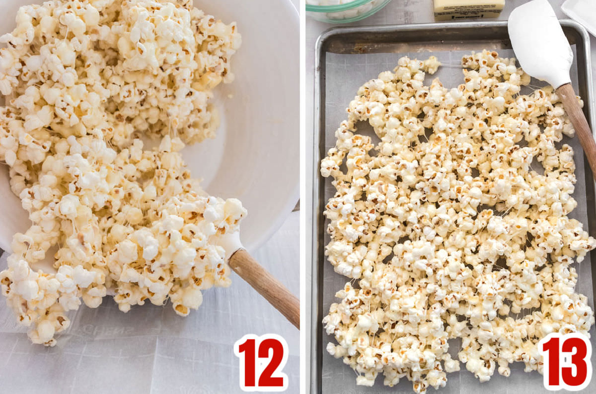 Collage image showing how to arrange the popcorn on a cookie sheet.