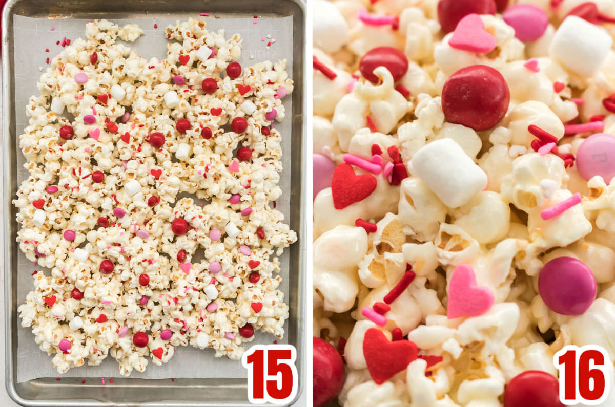 Collage image showing how to decorate the popcorn with Valentine's sprinkles and colored M&M's.