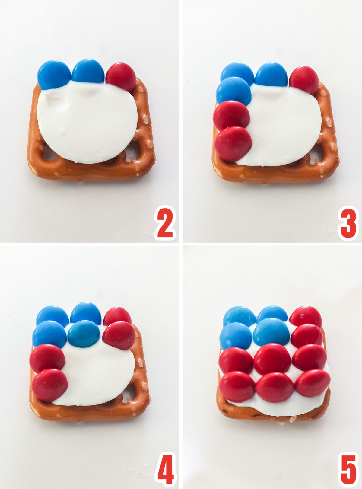 Collage image showing how to make the American Flag Pretzel Bites using Red and Blue Mini M&M's.