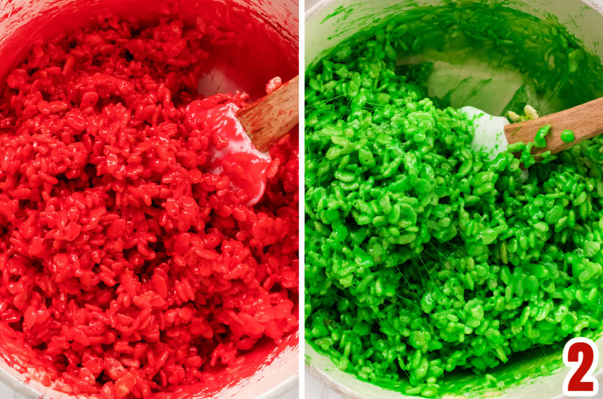 Collage image showing how to make Red and Green Rice Krispie Treat mixture.