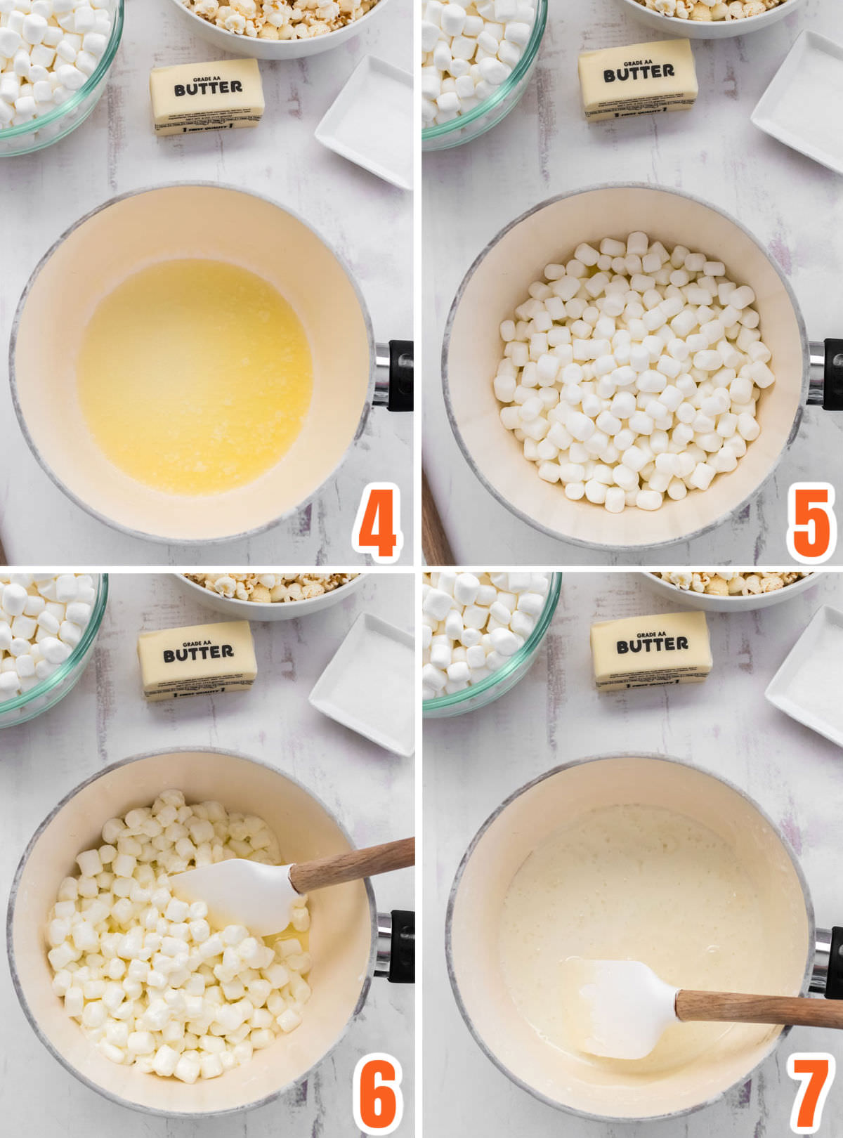 Collage image showing the steps for making the Marshmallow mixture for Candy Corn Popcorn.