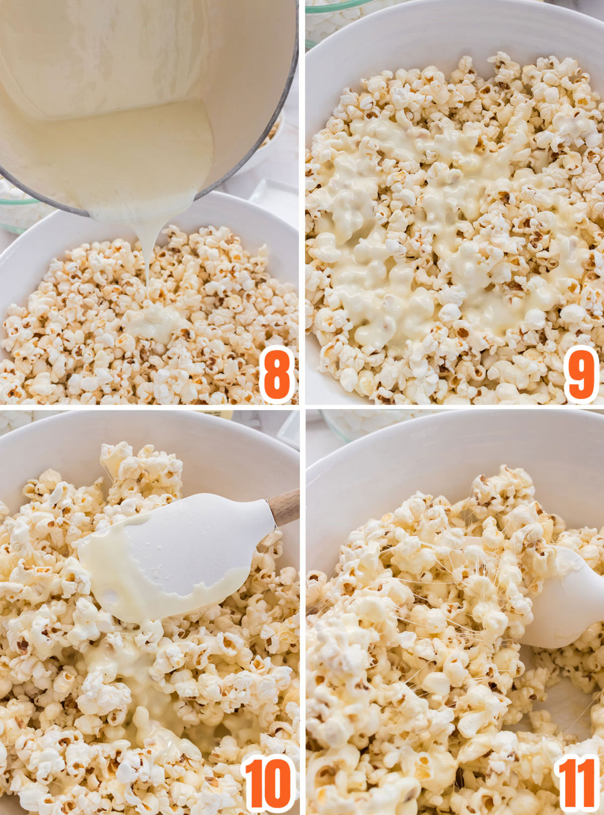 Collage image showing the steps for making Marshmallow Popcorn.