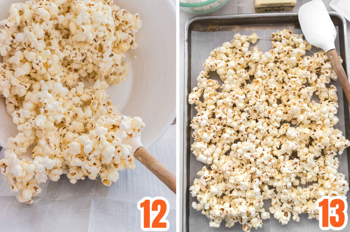 Collage image showing how to pour the marshmallow popcorn out onto a cookie sheet.