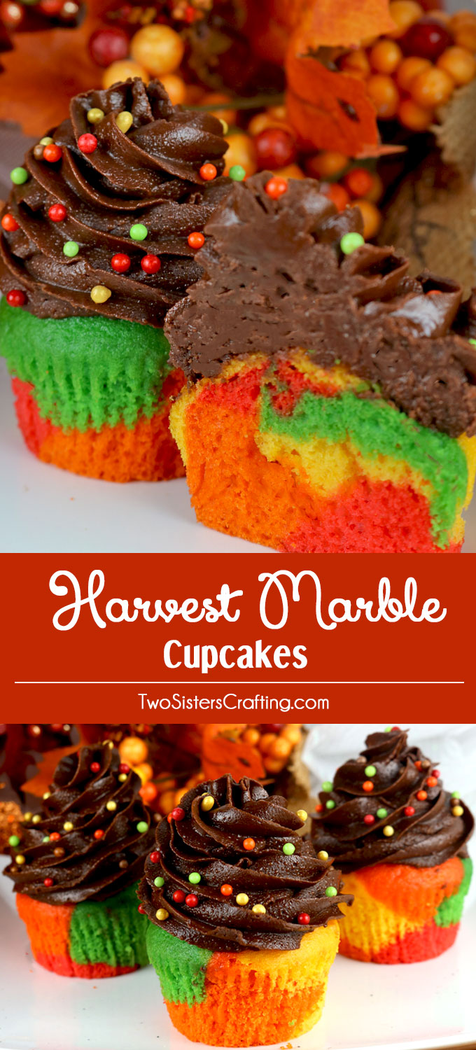 Harvest Marble Cupcakes - a beautiful and colorful cupcake that would be a great Thanksgiving dessert, Autumn Potluck or Fall Bake Sale. Cupcakes never looked so good or were so easy to make. What a fun and delicious Thanksgiving Treat. Follow us for more fun Thanksgiving Food Ideas.