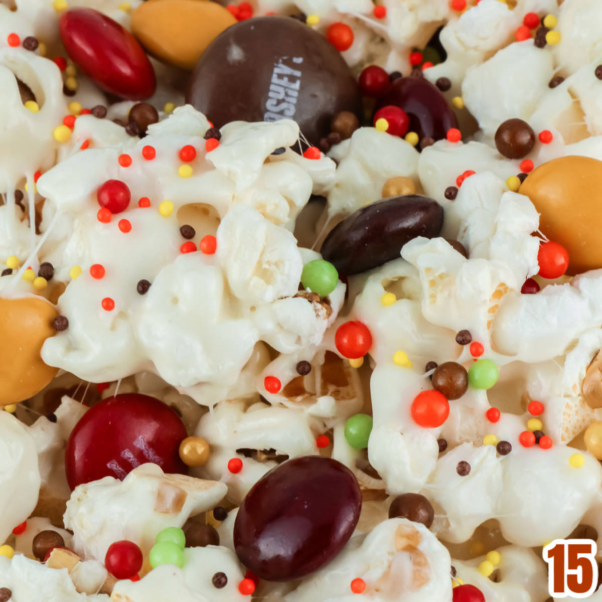 Extreme closeup on a bowl of Fall Harvest Popcorn.