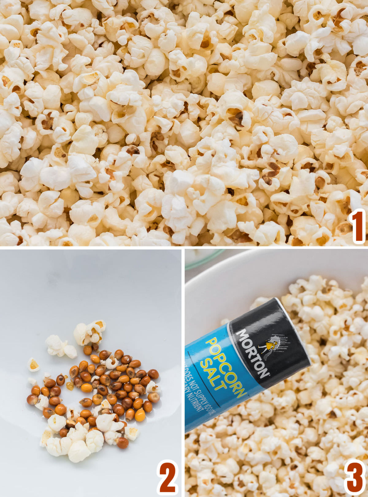Collage image showing the steps for making the homemade popcorn for the Fall Harvest Popcorn.