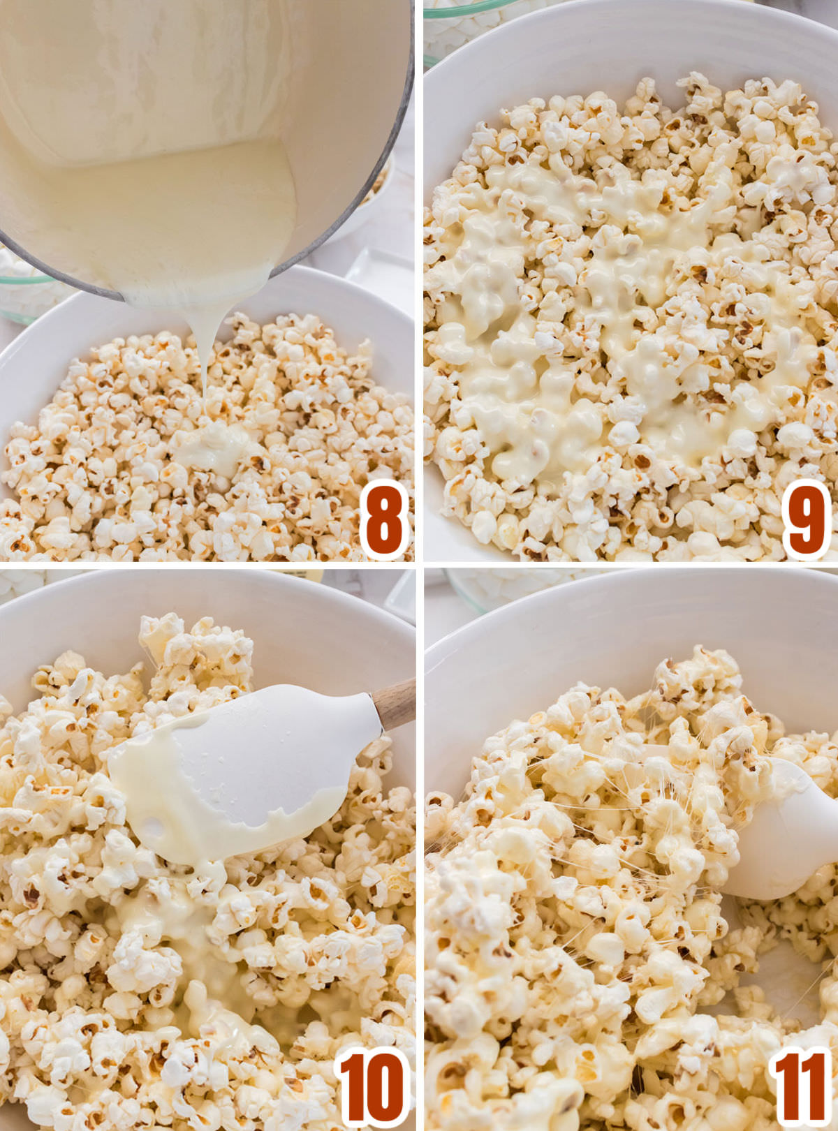 Collage image showing how to coat the popcorn in the marshmallow mixture.