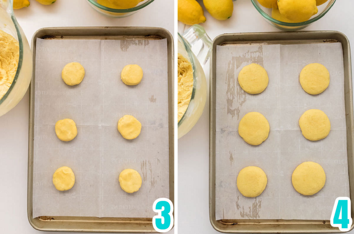 Collage image showing the Lemon Cookies before going into the oven and just coming out of the oven.