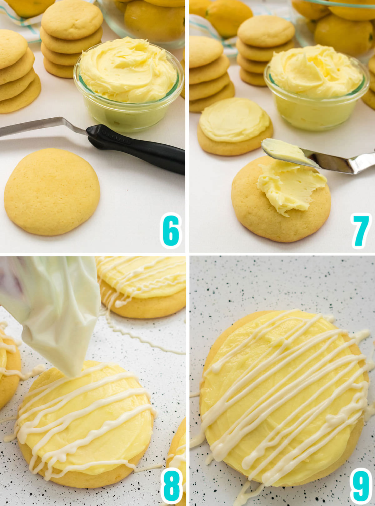 Collage image showing how to frost the Lemon Cookies with Lemon Butter Cream Frosting and a drizzle of White Chocolate.