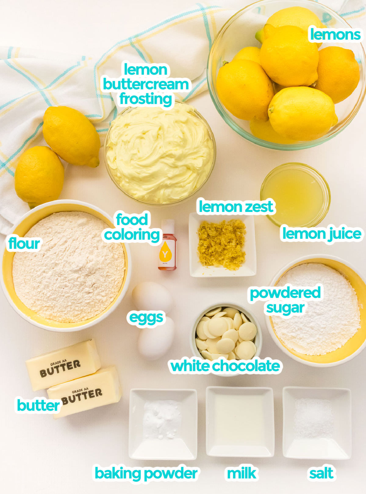 All the ingredients you will need to make Lemon Cookies including lemons, lemon frosting, lemon juice, lemon zest, flour, powdered sugar, butter, eggs, milk, baking soda, salt and white chocolate.