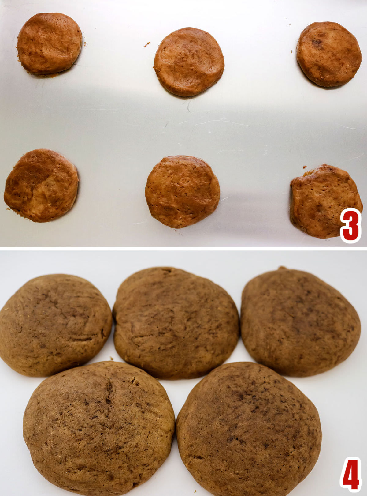 Collage image showing the coffee cookies before going in the oven and after coming out of the oven.