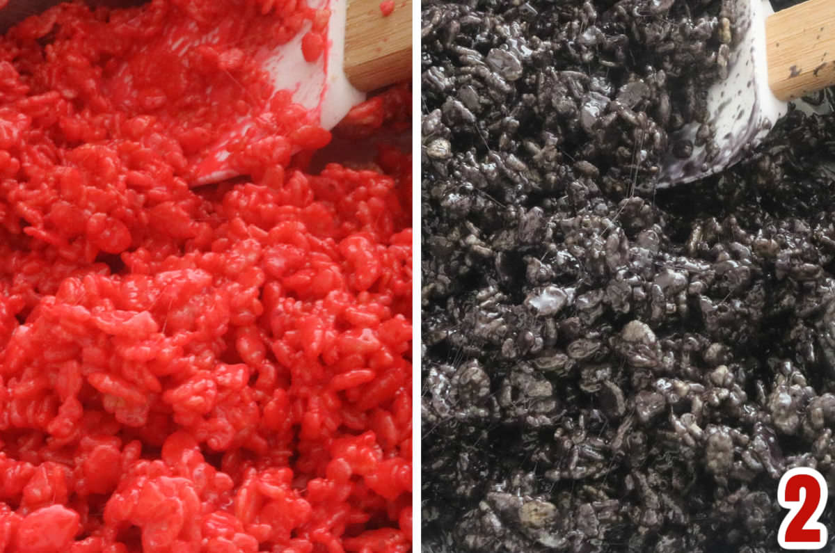 Collage image showing how to make Red and Black Rice Krispie Treat mixture.