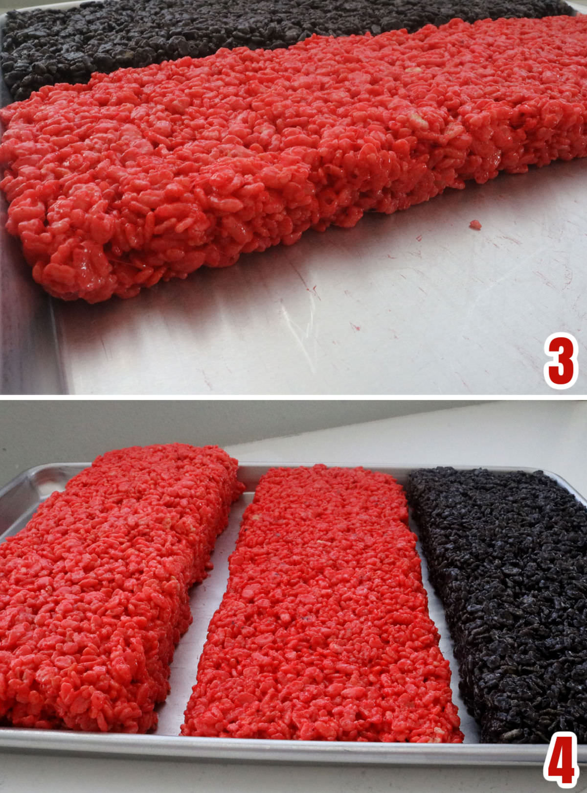 Collage image showing how to create the two red and one black strip of Rice Krispie Treat mixture.