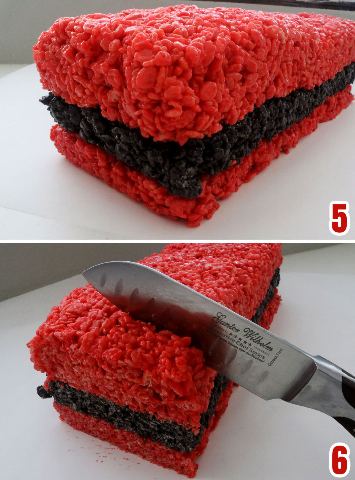Collage image showing how to create a loaf from the three layers of Rice Krispie Treat strips.