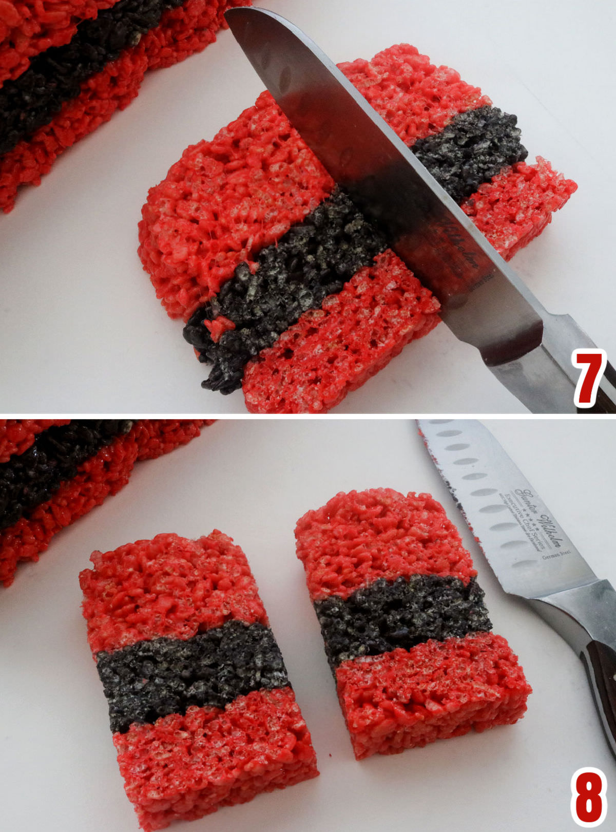 Collage image showing the steps for making the individual Santa Claus Rice Krispie Treats from the loaf.