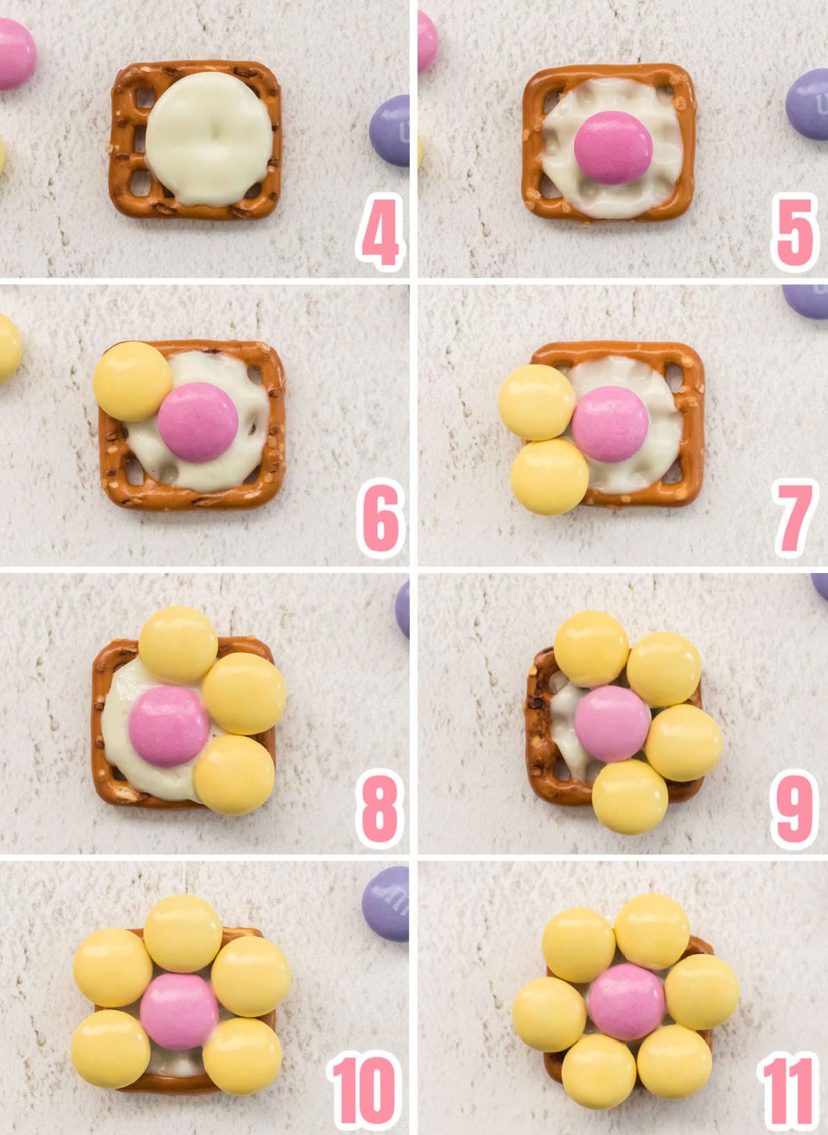  Imagen de collage que muestra los pasos necesarios para presionar los MM sobre los pretzels en forma de flor.