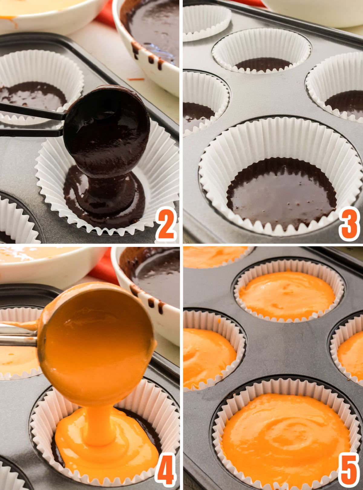 Collage image showing how to fill the cupcake liners with both the brownie and the cake batter.