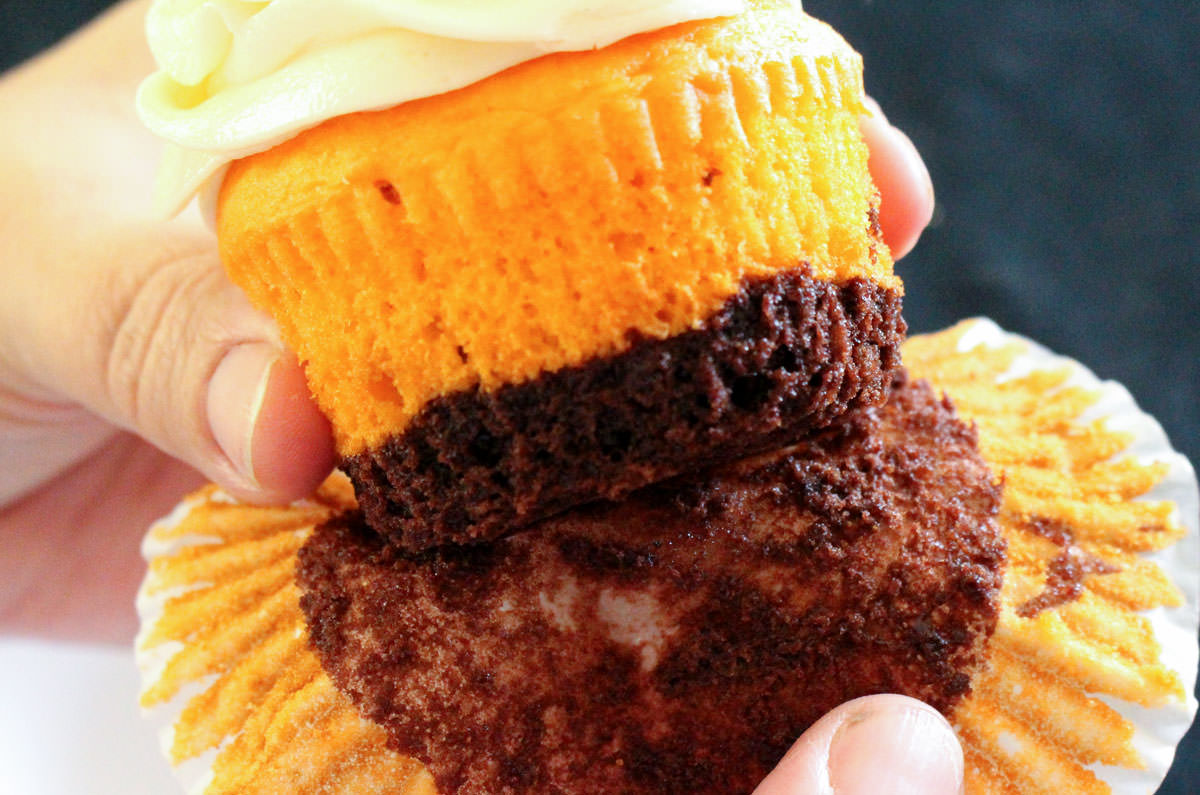 Closeup of a Brownie Cupcake having the cupcake liner removed.